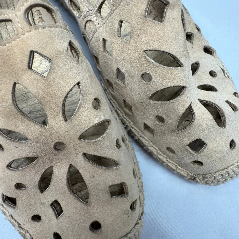 Tory Burch Espadrille Flats Women 8 Tan Laser Cut Suede Boho Summer Chic‎